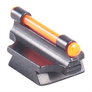 Orange fiber optic rifle sight for improved visibility.