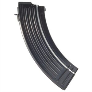 Black curved rifle magazine, isolated view.