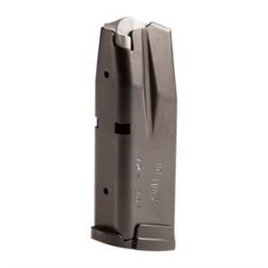 Black firearm magazine on white background