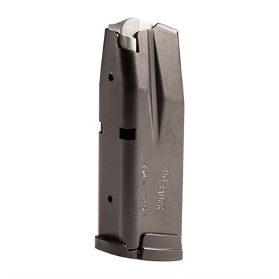 Black firearm magazine on white background