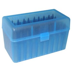 Blue plastic ammunition storage box with lid closed.