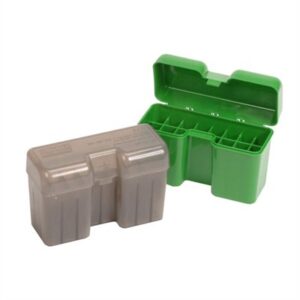 Plastic ammo carrier boxes, green and brown.