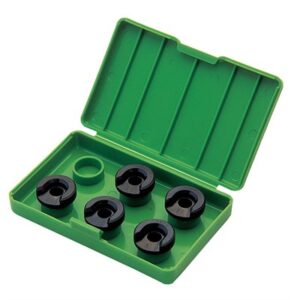 Green box containing five black circular items.