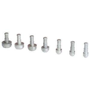 Set of seven metal rivet studs in line.