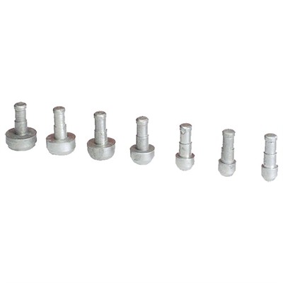 Set of seven metal rivet studs in line.