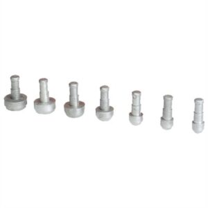 Seven threaded metal connectors in a row.