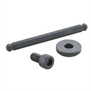 Metal rod, screw, washer set on white background.