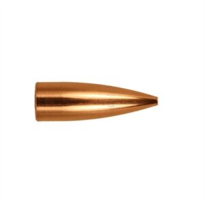 Copper-colored bullet close-up on white background.