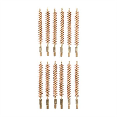 Twelve copper gun cleaning brushes arranged vertically
