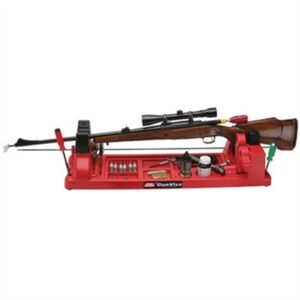Gun vise with rifle and cleaning tools.