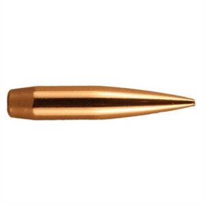 Copper bullet projectile, side view, isolated.