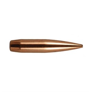 Copper bullet for firearms on white background.
