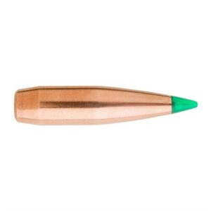Copper bullet with green tip, isolated view.