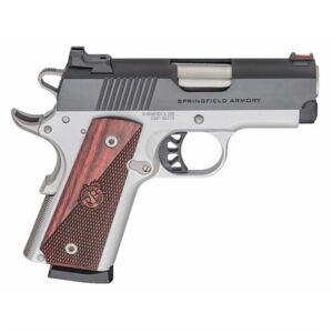 Springfield Armory handgun with wooden grip.