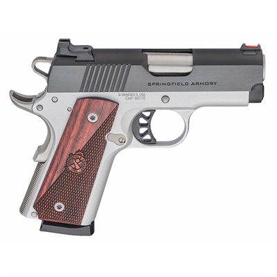 Springfield Armory handgun with wooden grip.