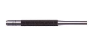 Steel pin punch tool with textured grip handle.