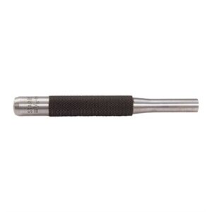 Steel roll pin punch tool with textured grip.