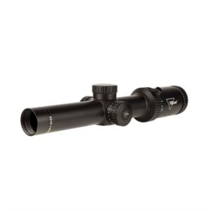 Black rifle scope with adjustment knobs.