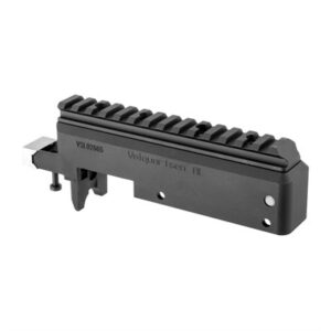 Black metal firearm receiver with rail attachment