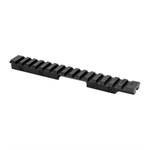 Rifle scope mount rail, black aluminum, side view.
