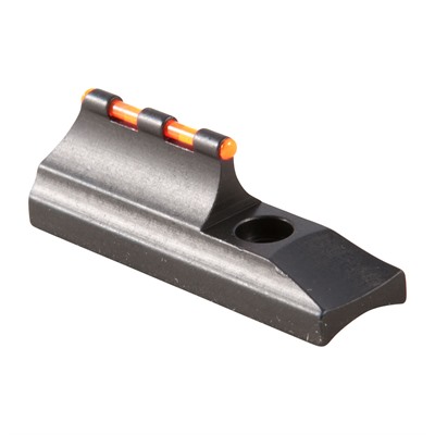 Fiber optic metal rifle sight with orange inserts.