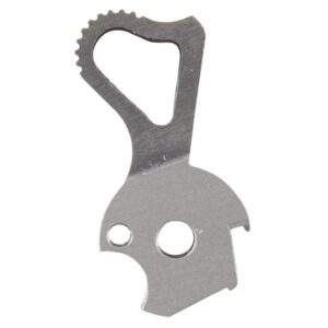 Metal bottle opener with gear-like edge.