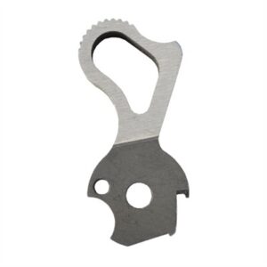 Stainless steel mechanical component with cutouts.