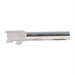 Stainless steel pistol barrel on white background.
