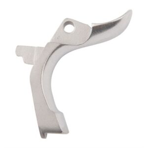 Metal firearm trigger component, isolated on white background.