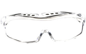 Clear safety glasses on white background