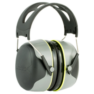 Gray noise-canceling earmuffs isolated on white background.