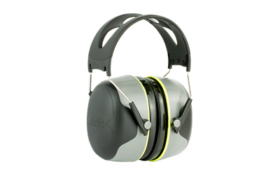 Gray noise-canceling earmuffs isolated on white background.