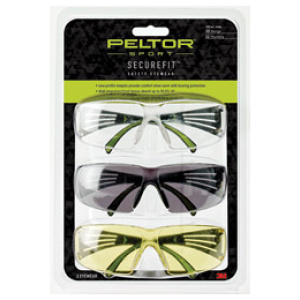Peltor SecureFit safety eyewear package with three glasses.
