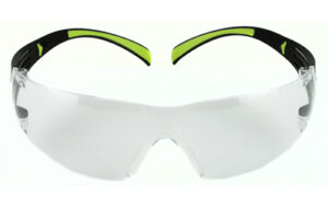 Clear safety glasses with black and green arms