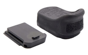 Black firearm magazine base plate and grip extension