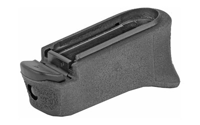 Black polymer rifle magazine on white background