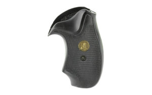 Black revolver grip with gold emblem