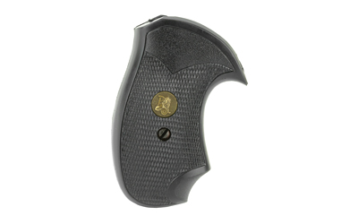 Black textured handgun grip with gold emblem
