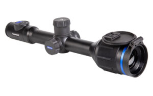 Black rifle scope with blue accents