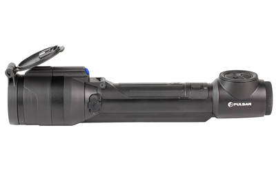 Black handheld tactical flashlight on white background