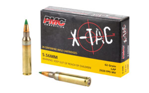 PMC 5.56mm X-TAC rifle ammunition box and cartridges.