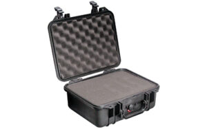 Open black hard-shell protective case with foam interior