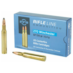 .270 Winchester rifle ammunition box and cartridges.