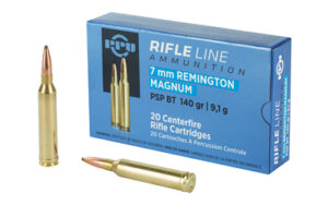 Box of 7mm Remington Magnum ammunition and bullets