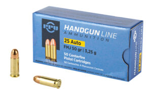 PPU Handgun Ammunition .25 ACP 50 gr FMJ 771 fps 50/ct