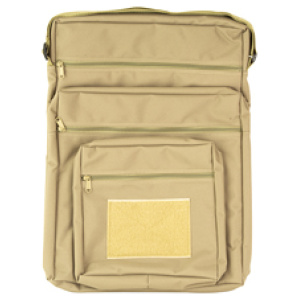Beige backpack with multiple pockets on white background.