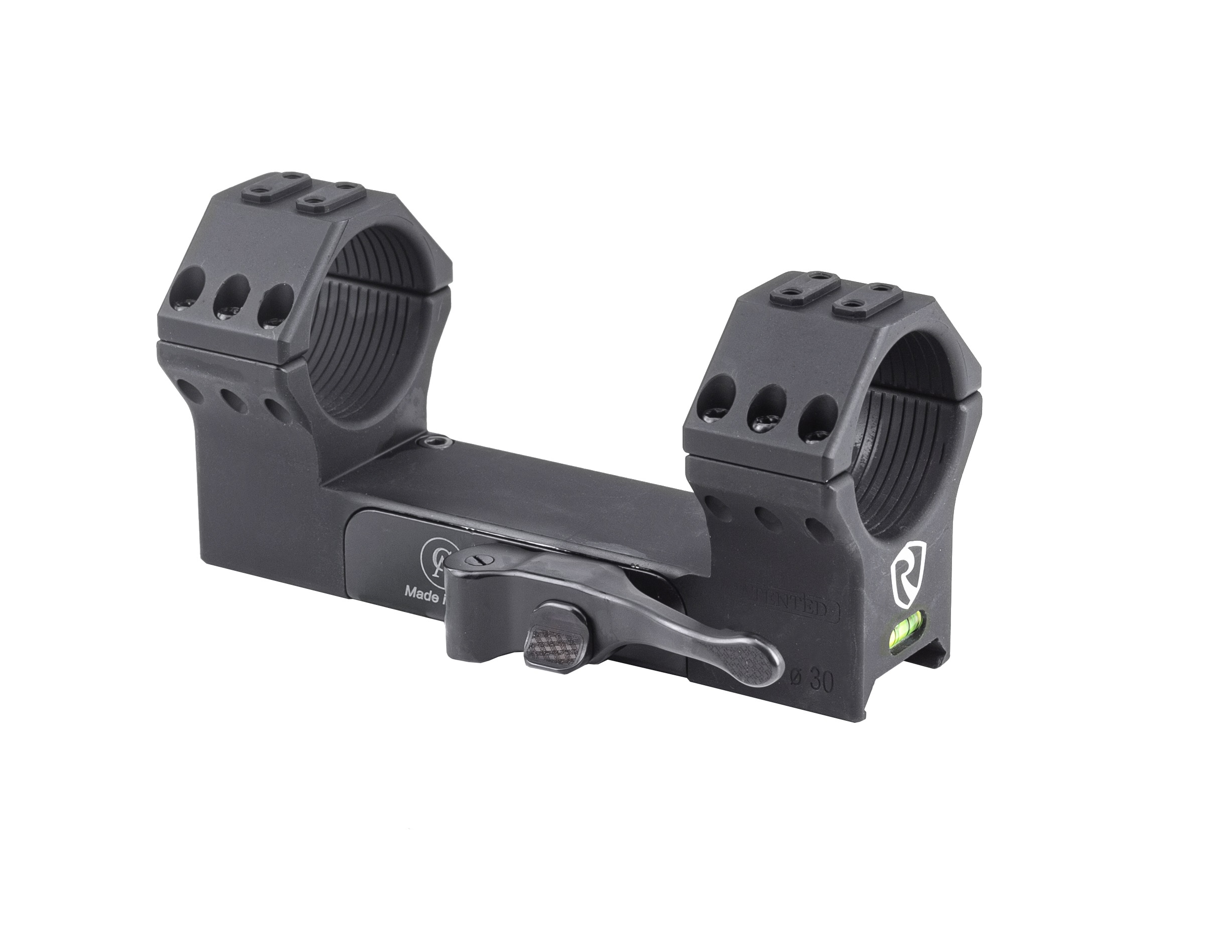 Black tactical scope mount with bubble level.