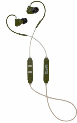 Green wireless neckband in-ear headphones with controls