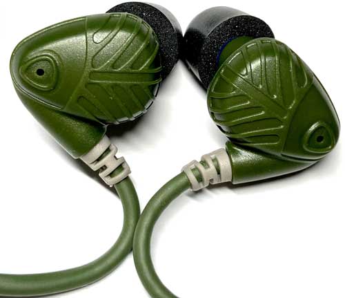 Green fish-shaped in-ear headphones with foam tips
