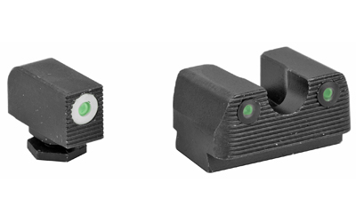 Black handgun front and rear sights with green dots